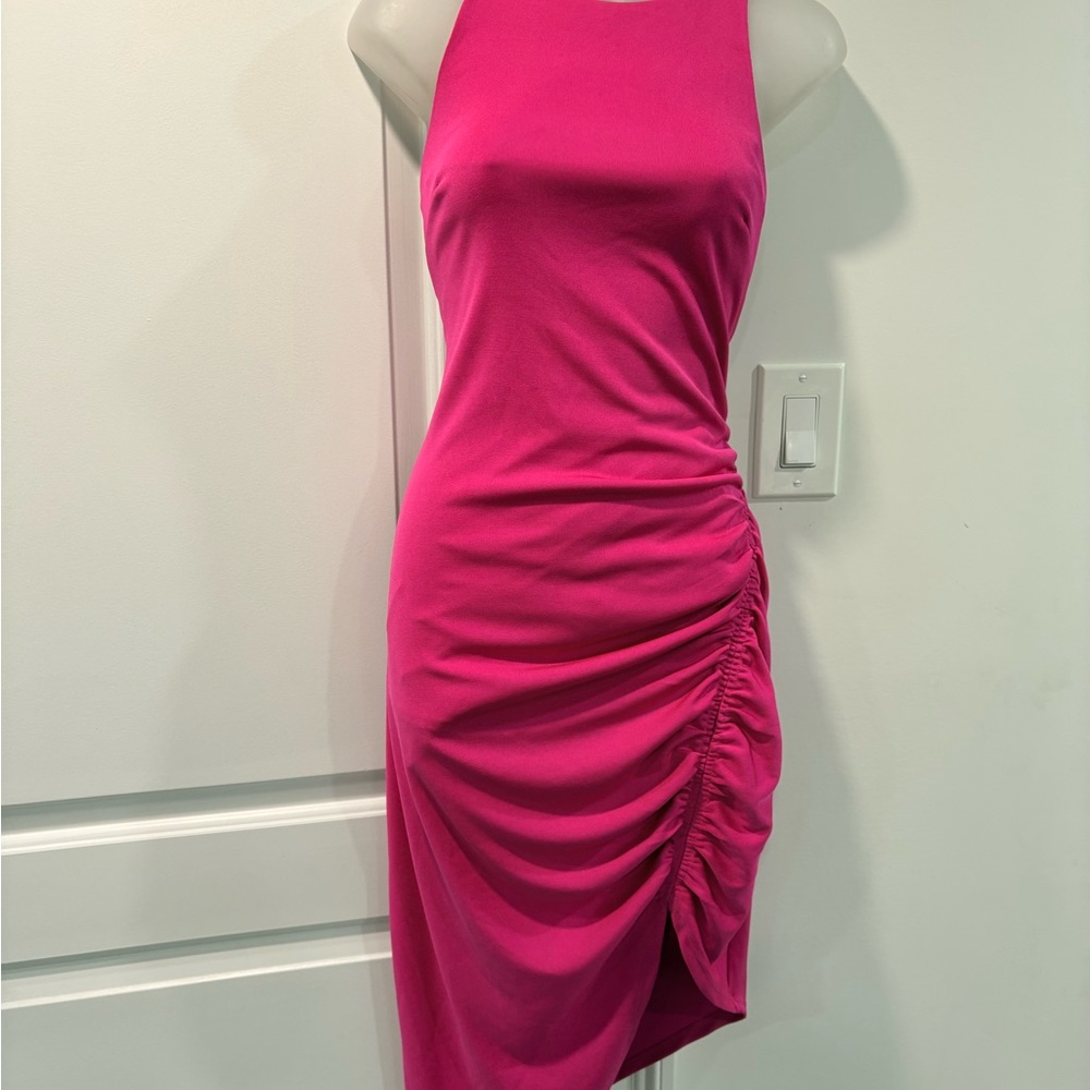 Express Pink Asymmetrical Ruched Cocktail Dress
